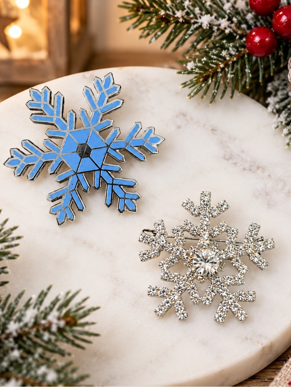 Christmas Snowflake Brooch Pin Lot of 2 Blue Enamel & Rhinestone Silver Tone